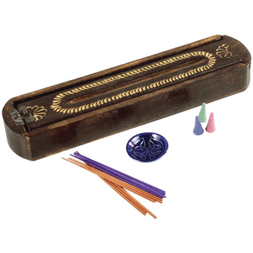 Carved Wood Incense Box with Sandalwood Incense Set